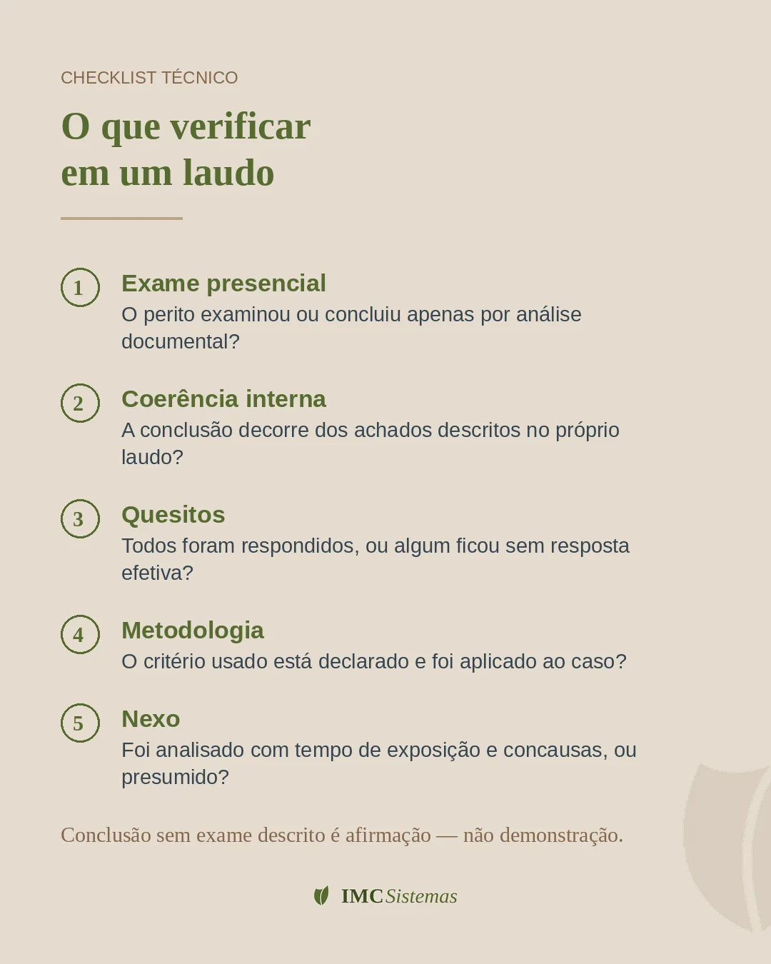 Checklist técnico: os cinco pontos que se verificam em um laudo pericial — exame presencial, coerência interna, quesitos, metodologia e nexo