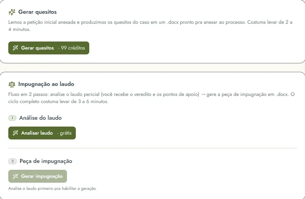 Tela de geração de peça pericial com preview de quesitos